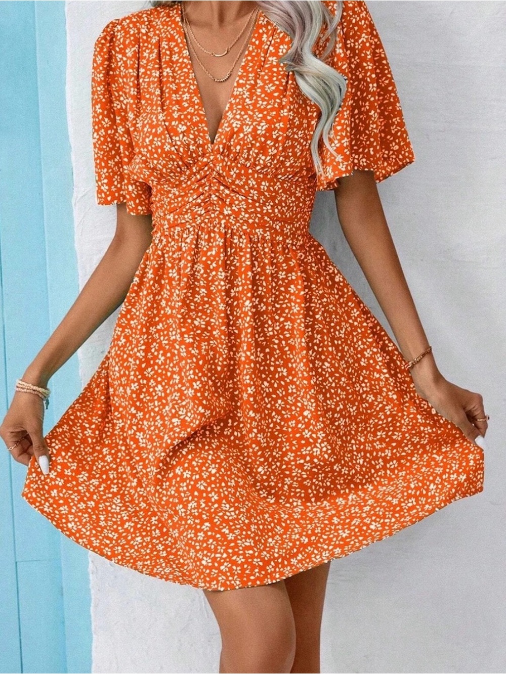 Bright Orange Printed V-Neck Women's Dress